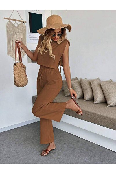 EVOA Women's Coffee Strawberry Fabric Side-Tie Crop Top and Wide-Leg Pants Tw...