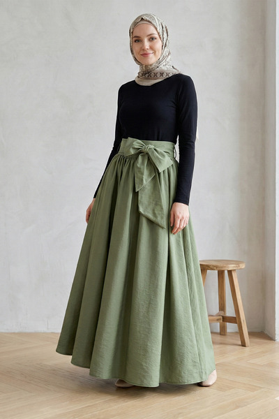 FERHEL Women's Pleated Belted Parachute Fabric Long Skirt - Khaki