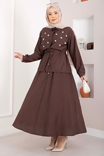EBRUTESETTÜR Stone Embellished Waist Tunnel Skirt Suit in Brown