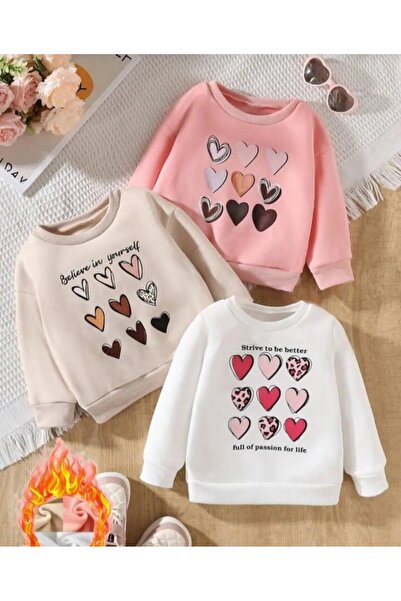 Kids çoklu kalp baskılı çocuk sweatshirt (pembe -bej-beyaz)