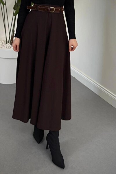 Şulemoda Giyim Belted Crepe Skirt Brown