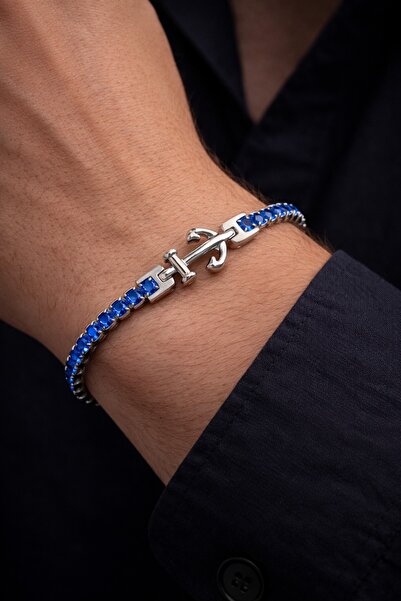 vogutima Erkek Çelik Bileklik - Çapa Model Tasarım Paslanmaz Mavi Zirkon Taşl...