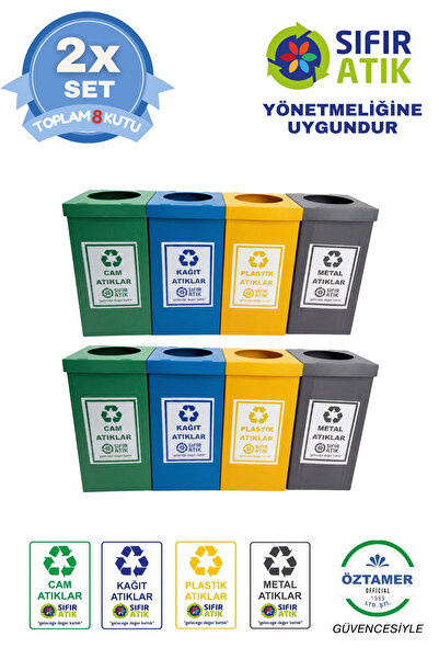ÖZTAMER 2 SET 8 PARÇA 4'lü Geri Dönüşüm ve Sıfır Atık Kutusu Seti - Cam, Kağı...