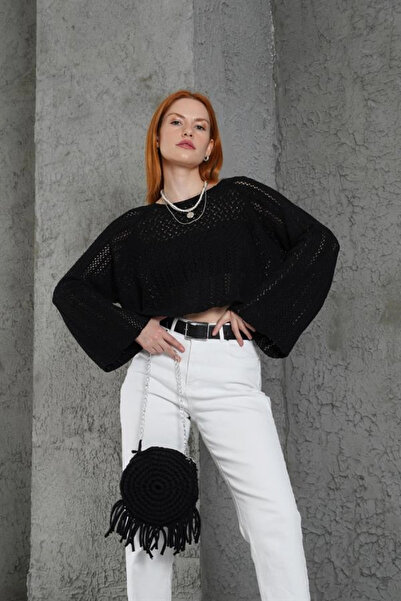 Lustrin Women's black openwork knitted sweater, oversized cut, wide batwing s...