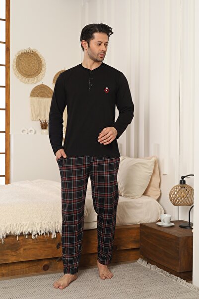 KAPİTEX Men's Long Sleeve Buttoned Cotton Seasonal Black Pajama Set