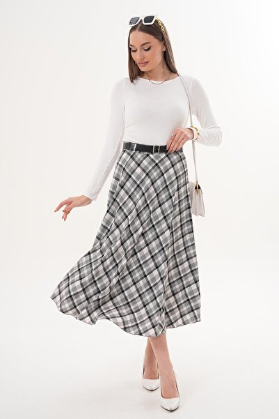 ŞİMAL Women's Plaid Belt Detailed Long Skirt 260331 -