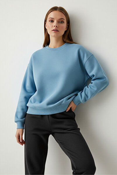 milidia Women's Oversize Crew Neck Basic Sweatshirt Baby Blue
