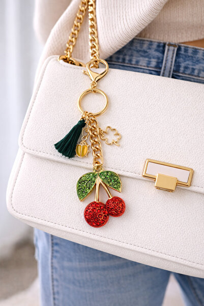 Modex Ladybug Clover Detailed Stoned Cherry Bag Accessory Keychain