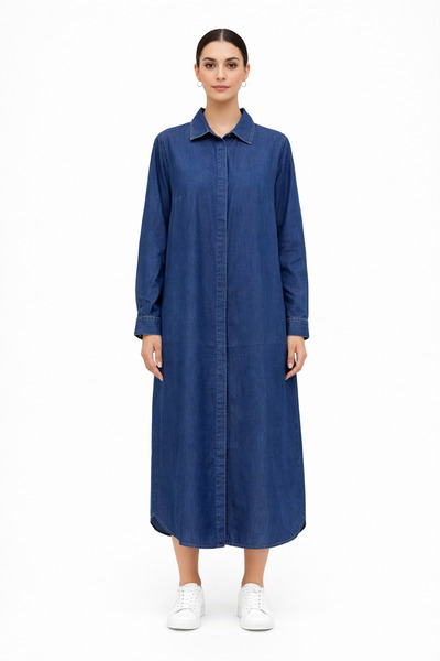 İDOL GİYİM Shirt Collar Ten-Sel Fabric Long Denim Tunic-Dress