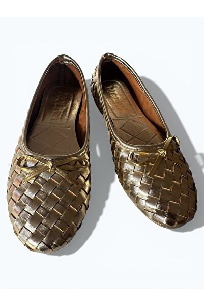 Noliva Women's Silver Faux Leather Textured Knitted Patterned Bowknot Ballerinas