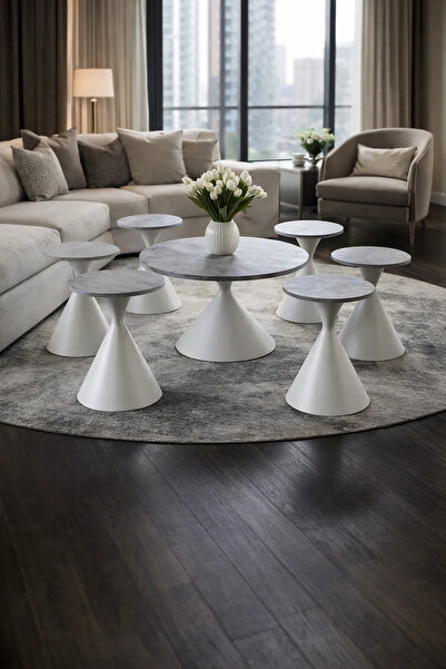 MARIA HOMES Modern 7-Piece Center Table Set Round Grey Top White Cone Base 1 ...