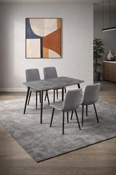 MARIA HOMES طقم غرفة طعام رمادي عصري، 4 كراسي من القماش، طاولة بنقشة حجرية، أ...