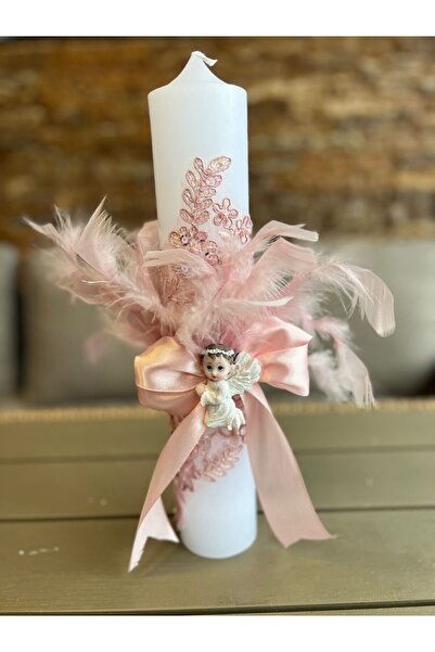 Botez Lumanare din dantela si pene- pudra cu ingeras, 35x6 cm