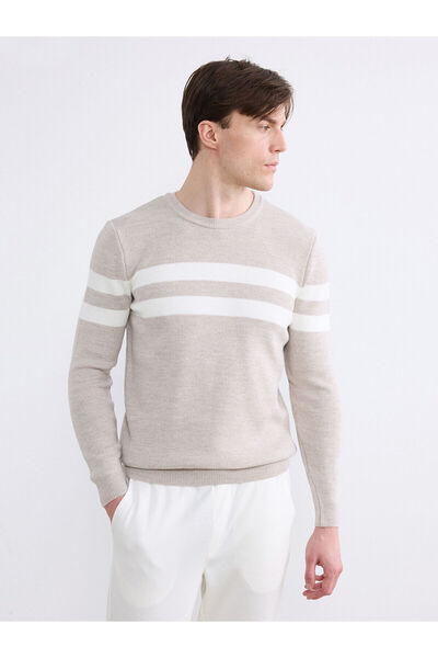 LC Waikiki Nevavm Farkıyla Lcwaikiki Classic Beige Knitwear Striped Oval Coll...