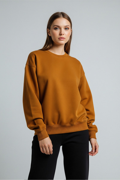 milidia Women's Oversize Crew Neck Basic Sweatshirt Mustard