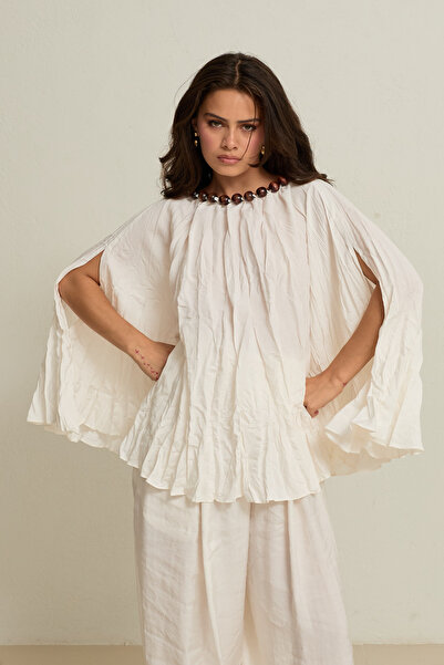 Setre Cream-Colored Halter Neck Blouse with Accessories and Sleeve Details, F...