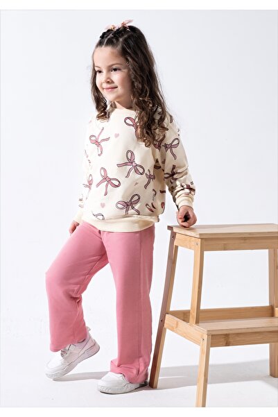ZİMEXİ 3-4-5-6-7-8 Years Old Ribbon Printed Oversize Girls' Set