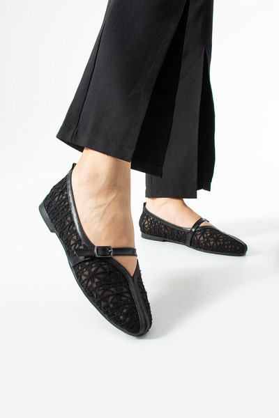 dabab shoes MARVENA Γυναικείες μαύρες μπαλαρίνες με δαντέλα και λεπτομέρεια α...