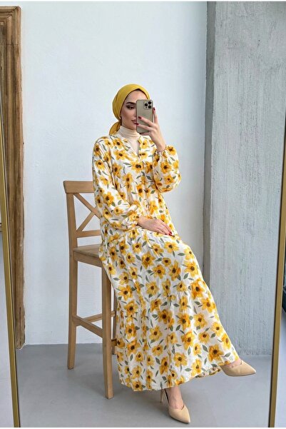 Kirazca Butik Women's Mustard Floral Long Casual Dress