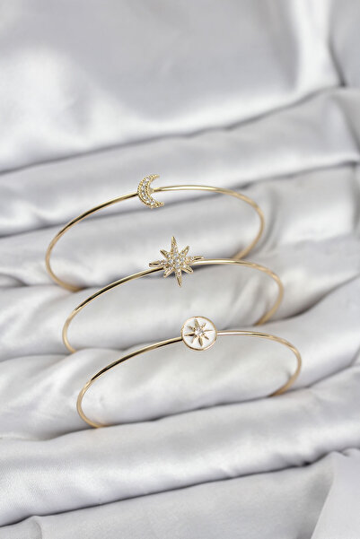 Nehir Gold Color Zircon Stone Polar Star Model 3-Piece Women's Bracelet Combi...