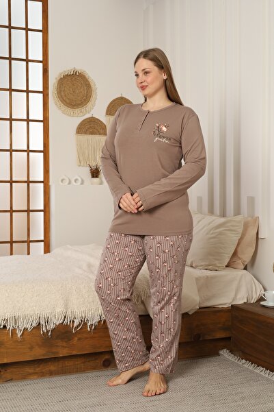 KAPİTEX Plus Size Long Sleeve Patched Striped Floral Earth Pajama Set