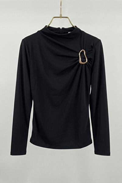 AKD Atelier Bluză de damă cu cataramă aurie, cu mânecă lungă, din țesătură Sa...