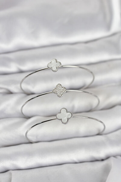 Clariss Silver Color Clover Model Zircon Stone 3-Piece Women's Bracelet Combi...