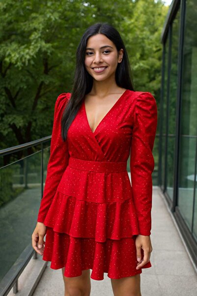 Divin store Red long sleeve dress with Ruffled and rhinestones