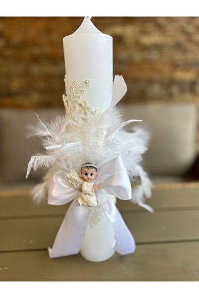 Botez Lumanare din dantela si pene- alb cu ingeras, 35x6 cm
