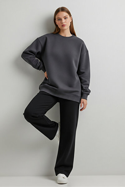 milidia Women's Oversize Crew Neck Basic Sweatshirt Smoked