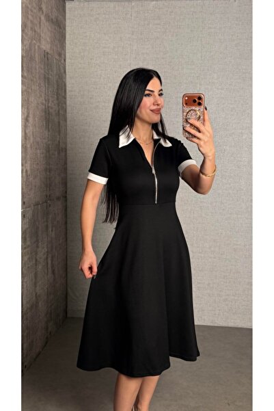 civetta Women's Polo Collar Zipper Detailed Modal Midi Dress