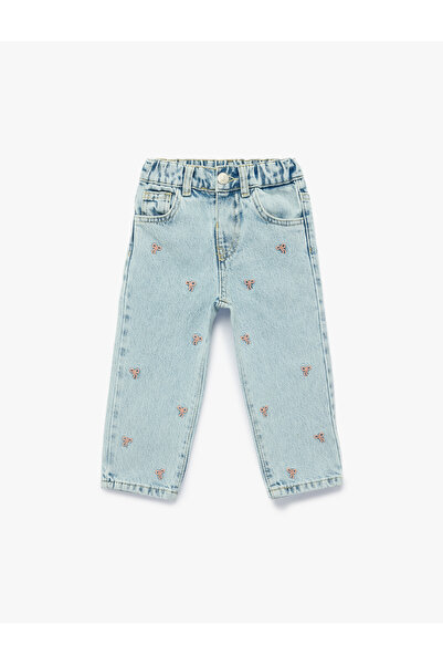 Koton Pantaloni din denim cu talie elastică și broderie cu inimă din bumbac