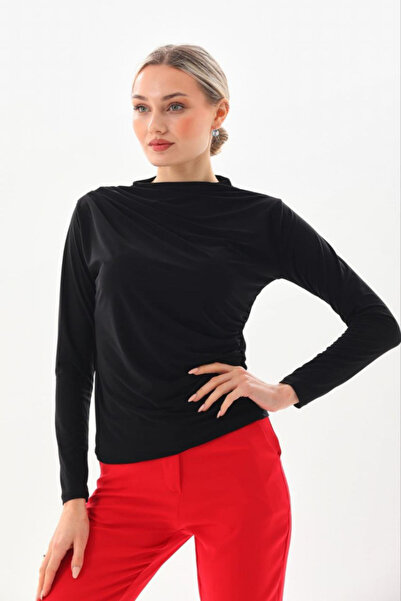 AKD Atelier Women's Blouse Draped Long Sleeve Sandy Fabric High Collar Stretc...