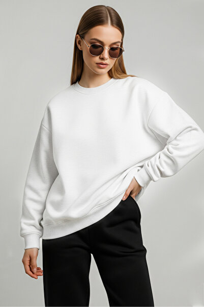 milidia Women's Oversize Crew Neck Basic Sweatshirt Ecru