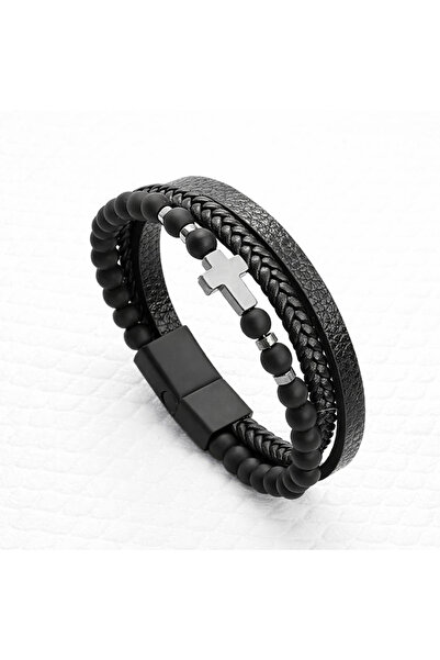 Handmade Bratara tripla din piele cu cruciulita neagra