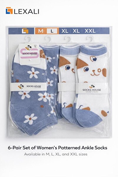 Lexaly 6 pieces of girls' socks with a joyful pattern (sky blue)
