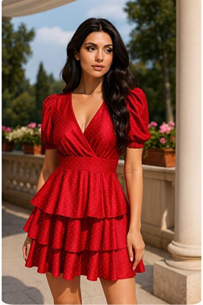 Divin store Red dress with Ruffled and rhinestones