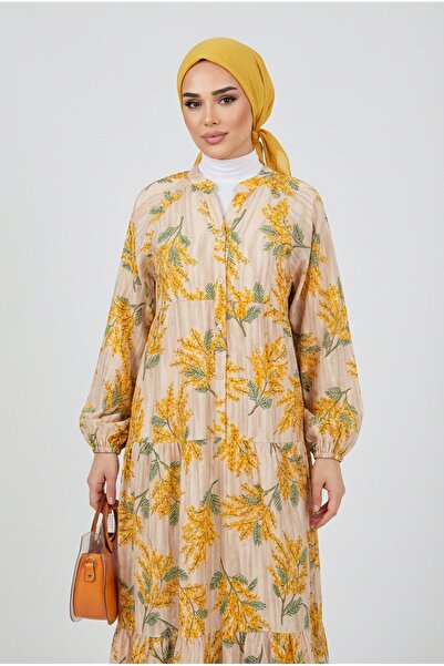 Kirazca Butik Women's Mustard Floral Long Casual Dress