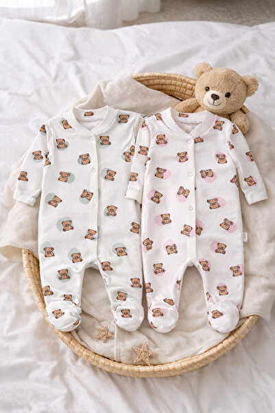 moukou 100% Cotton Booties Baby Romper with Teddy Bear Pattern – Newborn Long...
