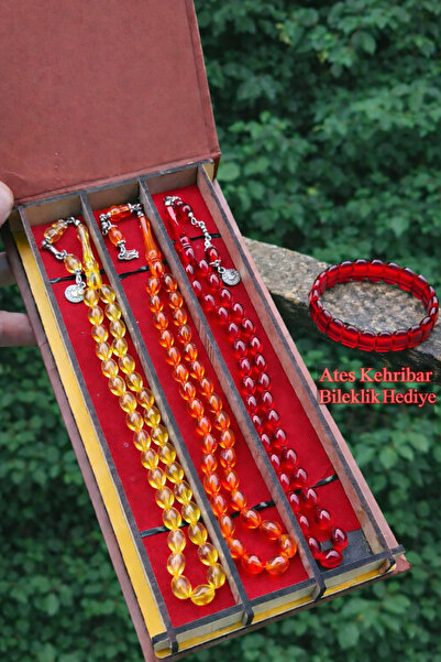 Eflatun Collection Ahşap Kutulu 3+1 Toz Kehribar Tesbih Seti ( Kehribar Bilek...