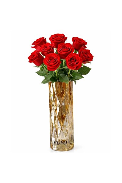 PUFO Elegant Decorative Vase Glass for Flowers and Arrangements, 20 cm, Gold