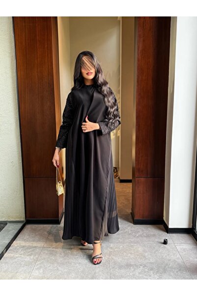 GENRAL Abaya D841, ceramic fabric, pleated side panels, Lace sleeves, half-ci...