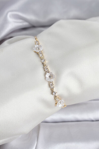 Clariss Baguette Zircon Stone Flower Model Gold Color Women's Bracelet with E...