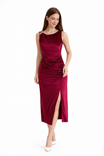 SUGULL Kadife Kumaş Önden Yırtmaçlı Midi Boy Elbise