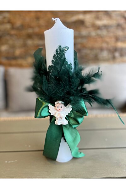 Botez Lumanare din dantela si pene- verde cu ingeras, 35x6 cm