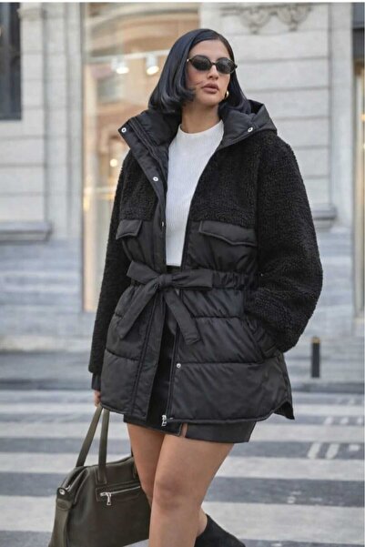 SERBA Women's Black Belted Hooded Ray Pattern Winter Plush Puffer Coat