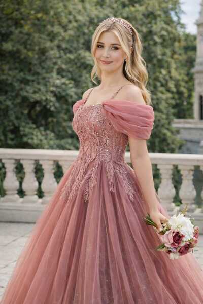 Sibelse Gelinlik Zarif Tül Kollu Gül Kurusu Nişanlık & Abiye Elbise