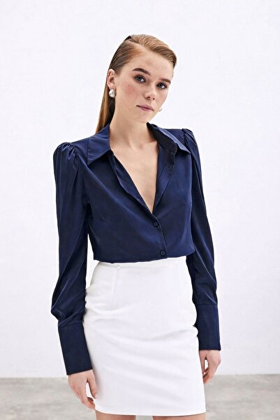 Sateen Padded Satin Shirt - Navy Blue