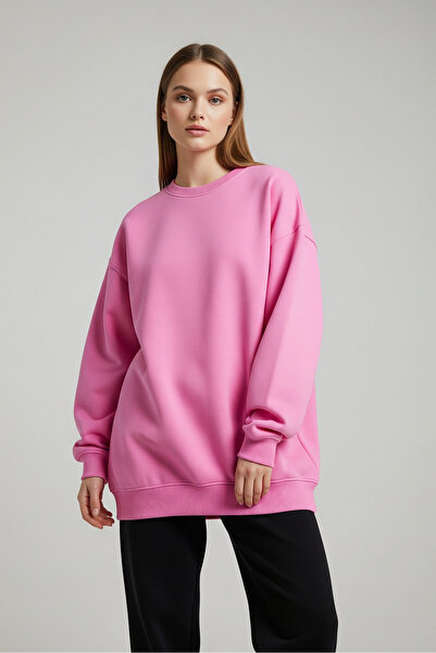 milidia Women's Oversize Crew Neck Basic Sweatshirt Pink