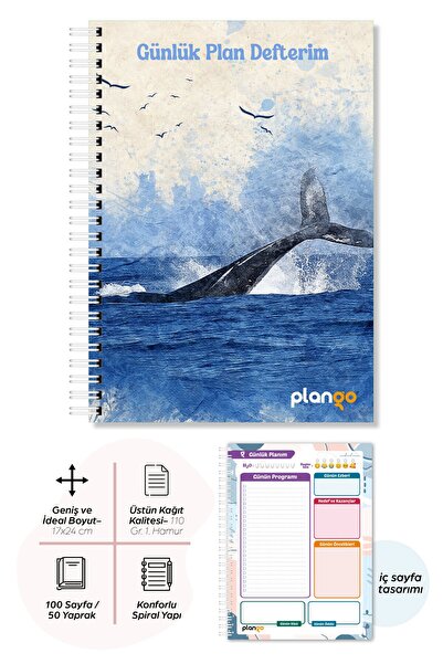 Plango Mavi Balina Spiralli Günlük Planlama Defteri - 100 Sayfa - 17x24 Planl...